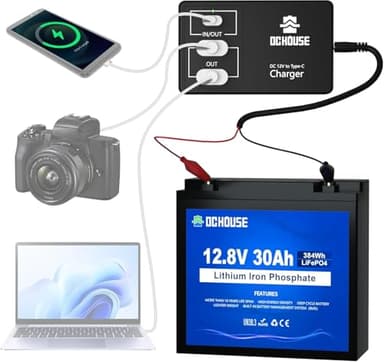 Batterie au Lithium Rechargeable DCHOUSE LiFePO4 12V 30Ah à Cycle Profond avec Chargeur Type-C vers USB,Cycle Profond 4000+,adaptée aux tondeuses à Gazon, Panneaux solaires, Bateaux à Moteur, Camping