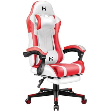 HLFURNIEU Chaise Gaming, Fauteuil Gamer Hauteur Réglable, Chaise de Gaming avec Repose-Pied Télescopique, Gaming Chair Ergonomique avec Appui-tête et Support Lombaire, Siege Gaming Blanc et Rouge