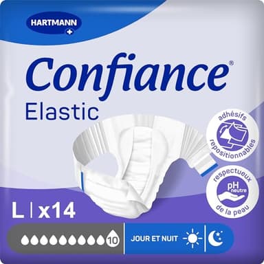 Confiance Elastic - Changes Complets pour Hommes et Femmes - Niveau d'Absorption = 10 gouttes (Fuites Urinaires Importantes) - pH Neutre à la Peau - Matière Douce - Taille L - 14 Unités