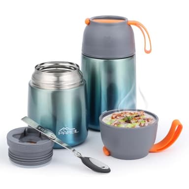 Lot de 2 Boîte Alimentaire Isotherme- 650 ml + 450 ml - En acier inoxydable - Thermos Alimentaire Chaud Avec cuillère pliable - Pour soupes, bouillie, crème glacée et yaourt
