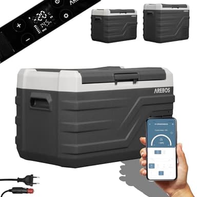 Arebos Glacière compresseur 26 l | Glacière électrique avec application et contrôle intelligent | Réfrigérateur mobile avec port USB | jusqu'à -20 °C | 12/24 V 230 V | Pour voiture, camion, camping,