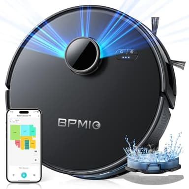 BPMIO Robot Aspirateur Laveur 5000Pa 3 en 1, Aspirateur Robot avec LiDAR Laser 360°, 5 Carte Sauvegardable +30 Zones Interdites, Robot Vacuum Mop pour Poils d'animaux, Sols(Blanc)