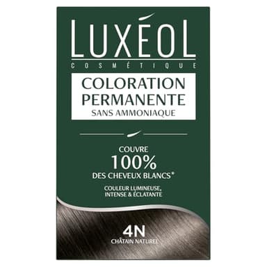 Luxéol - Coloration Permanente 4N Châtain Naturel - Sans Ammoniaque - Couvre 100% des Cheveux Blancs(1) - Longue Durée(2) - Couleur Lumineuse Éclatante Intense - Testée & Approuvée - 60ml, 60ml, 12ml