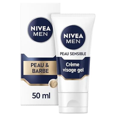 NIVEA MEN Crème Visage Gel Peau & Barbe pour peaux sensibles (1 x 50 ml), crème visage hydratante homme 0% alcool, soin barbe homme apaisant à la peau sensible et irritée