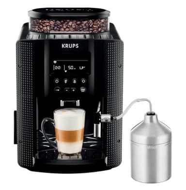 Krups Essential Machine à café à grain, Broyeur à grain, Cafetière Expresso, Ecran LCD, Nettoyage automatique, Buse vapeur, Pot à lait inox pour Cappuccino EA816031, Noir