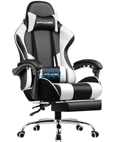 GTPLAYER Chaise Gaming, Fauteuil Gamer avec Massage Lombaire, Chaise de Gaming Repose-Pieds Rétractable, Dossier Inclinable à 135°, Siège Confortable en Cuir, Chaise Bureau, Charge 150 kg, Blanc