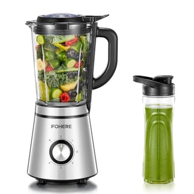 FOHERE Blender, 1100 W de Puissance Max, Mixeur Electrique Bol en verre 1,5L, 600ML Gourde Nomade, 4 Lames en acier Inox, 5 vitesses + Fonction Pulse Mixeur, Smoothie, Utilisation & Nettoyage Facile