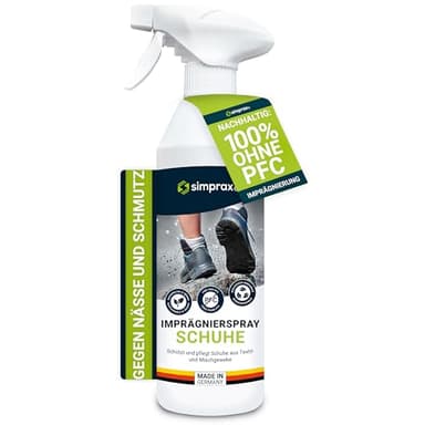 SIMPRAX® Spray Impermeabilisant Chaussure - Protection Écologique pour Baskets, Chaussures Outdoor & Randonnée - Vegan Bombe Imperméabilisante Chaussure pour Gore-Tex Tissu & Membrane - 600 ml