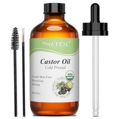 PHATOIL Huile de Ricin Bio 118ML - Organic Castor Oil 100% Naturelle Pure - Pressée à Froid - Huile Pour Cheveux, Cils, Sourcils, Peau, Ongles, Barbe, Pipettes + Brosse à Sourcils + Brosse à Cils
