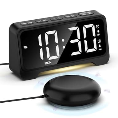 Réveil Vibrant pour Les Gros Dormeurs, Reveil Sourd avec Veilleuse, Réveil Bruyant avec Vibrateur, Mode Jours Week-End, Snooze, Charger USB, Variateur d'Intensité, Batterie de Secours, 12/24H, DST