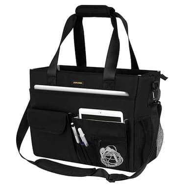 Jaffzora Sac fourre-tout pour enseignant avec compartiment pour ordinateur portable, grand sac fourre-tout utilitaire avec 15 poches pour femme, sac d'infirmière, noir, noir, Large, L (36,8 x 15,2 x
