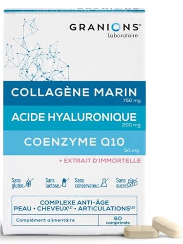 GRANIONS - Collagene Marin - Collagene et Acide Hyaluronique + Coenzyme Q10 - Collagene Cheveux, Peau, Articulation, Ongles - Collagene Marin + Selenium + Acide Hyaluronique - 60 Comprimés