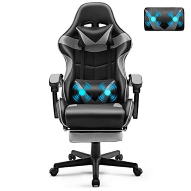 Soontrans Chaise Gaming Massante Ergonomique Fauteuil Gamer avec Support Lombaire Massage et Appui-tête et Repose-pied, Hauteur Réglable, Chaise Gamer pour Youtube Livestreaming Playstation Xbox (Gris