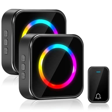 Pohicoo Sonnette sans Fil Exterieur Etanche, Sonnette sans Fil Longue Portée de 400M avec 2 Récepteurs Enfichables et 1 émetteur,63 Mélodies 4-Niveaux, Lumières LED Colorées