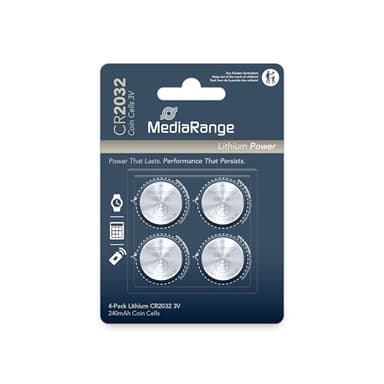 MediaRange MRBAT132 Piles Bouton au Lithium CR2032 4 pièces 3 Volt 220mAh dans la Couleur Argent pour l'utilisation de Montres