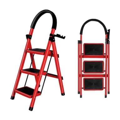 Escabeau Pliable 3/4/5 marches Charge maximale de 150kg Verrouillage de sécurité, pédales Larges accoudoirs escabeau escamotable légères pour la Maison, Cuisine, Placard et Bureau (Rouge-3 marches)