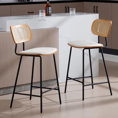 Ya-Home Chaise de Bar en Rotin Lot de 2 Tabourets de Bar Bois Métal, Coussin en Cuir PU, Chaise Haute Bar Pied Métal pour Comptoir, Blanc