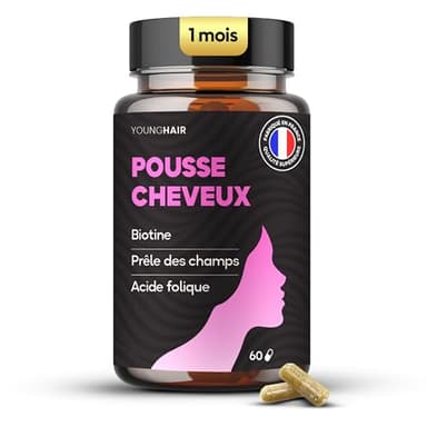 Pousse Cheveux Femme – Complément Alimentaire Biotine + Plantes + Acide Folique – Force, Croissance et Volume – 60 Gélules – Cure 1 mois - Fabriqué en France – Young Hair