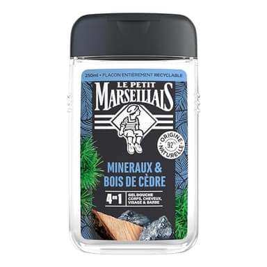 Le Petit Marseillais – Gel Douche Homme Minéraux & Bois de Cèdre (flacon de 250 ml) – Formule 4 en 1 corps, cheveux, visage & barbe – 92 % d'ingrédients d'origine naturelle et pH neutre