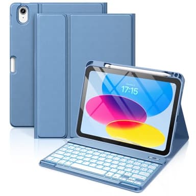 Vobafe Coque Clavier pour iPad A16 11/10 Ème Generation (11 Pouces 2025/10.9 Pouces 2022), Étui Keyboard 7 Couleurs Rétroéclairées avec Porte Crayon, AZERTY Layout pour iPad 10eme/11eme, Bleu