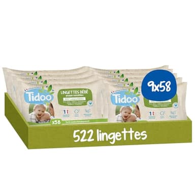 TIDOO- Lingette Bébé Peaux Sensibles - Sans Parfum - Lingettes Nettoyantes Sans Alcool Made in France - Soin Bébé Peaux Normales & Fragiles - 9 * 58 Serviettes Désinfectantes