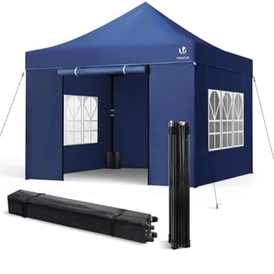 VOUNOT® Tonnelle de Jardin Pliante 3 * 3m Renforcé avec 4 Parois Mur fenêtre Tente en Polyester Imperméable pour Festival Jardin Camping Sac de Transport et Sacs de Sable Inclus Bleu