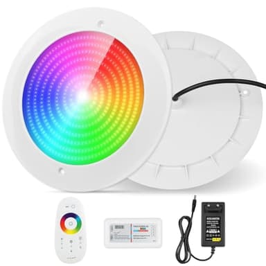 COOLWEST Projecteur Piscine LED Remplie de Résine, 32W Lampe Piscine Extra-Plats RGB Multicolore Synchroniseur Externe avec Télécommande, IP68 étanche, 24V DC, Dimmable, Montage en Surface