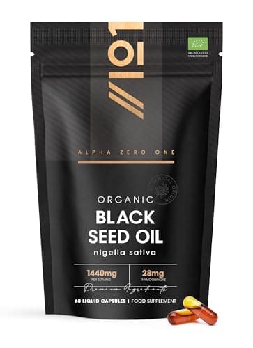 Huile de Nigelle Bio en Gélules 1440mg – 3X% Thymoquinone – 60 Gélules Véganes Molles (Capsules Liquides) – Nigella Sativa d’Éthiopie – Huile de Cumin Noir Vierge 100% Pressée à Froid – par Alpha01