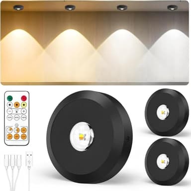 JVURICE Spot Sans Fil Puck Light Petits Spots Lumineux Lampe Lumic Reglette Led Sans Fil 180H 3000k/4500k/6000k Dimmable Rechargeable Minuterie Telecommande Rond Lumiere Pour Cuisine,Armoire,Vitrine