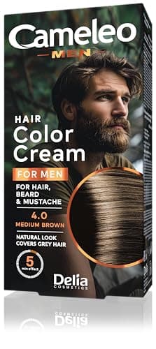 Delia Cosmetics Cameleo Men Teinture permanente pour homme couvrant les cheveux gris, effet couleur naturelle en 5 minutes pour barbe et moustache, sans ammoniaque, PPD et paraben, brun moyen, 30 ml