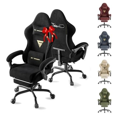 Soontrans Chaise de Gaming Chaise Ergonomique Bureau Fauteuil de Gamer en Tissu Velours, avec Coussin Lombaire de Massage, Coussin De Nuque, Repose-Pied, Noir