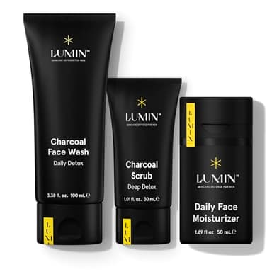 Lumin Le Coffret d'Entretien Classique - Soins de la peau pour homme - Kit 3 pièces pour nettoyer, hydrater et renouveler - Comprend un nettoyant au charbon, un gommage exfoliant, un baume hydratant