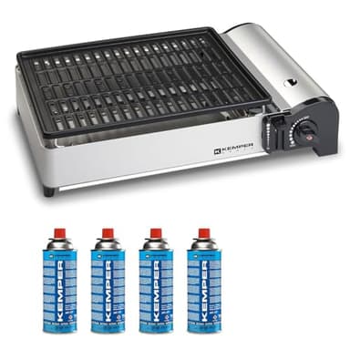 Kemper - Barbecue Portable à Gaz 1900W avec Allumage Piézo | Plaque Grill Anti-Adhésive | Kit 4 Cartouches Gaz Camping & Sac de Transport Inclus | Léger & Sécurité CE.