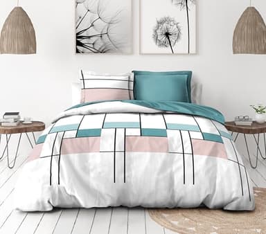 Parure de Couette 220x240 cm – 3 pièces – Percale de Coton Douce – Housse + taie – Blanc & Rose – Modèle L'intrigante