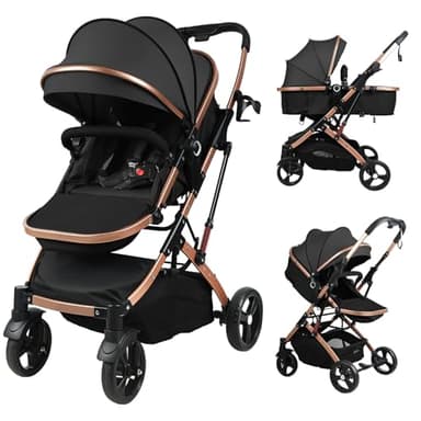 Poussette convertible 2 en 1 avec nacelle, siège réversible, poussette pliable haute, capacité de 40 kg, poussette tout-terrain pour les nouveau-nés jusqu'à 3 ans Noir