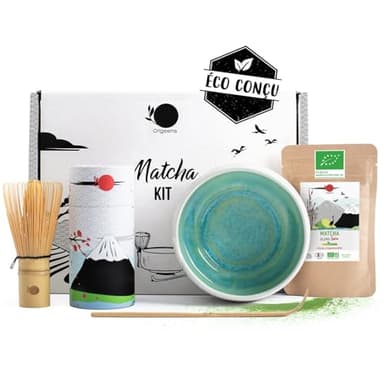 ORIGEENS Kit Matcha Complet - Conditionné en France - Matcha Kit avec Bol Matcha Artisanal (Portugal), Fouet Chasen, Thé Matcha BIO Japonais et Cuillère doseuse Chashaku