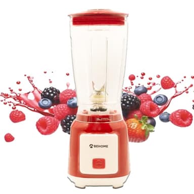 BEHOME Blender Mixeur Électrique, Bol Plastique 600 ML, lames en Acier Inoxydable, pour Smoothies, Shakes, Mixe Fruits, 250 W Rouge