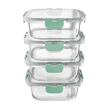 Amig - Lot de 4 récipients carrés hermétiques pour aliments - Capacité : 320 ml - 112 x 112 x 50 mm - Contenants en verre pour micro-ondes, four, congélateur et lave-vaisselle - Couleur verte