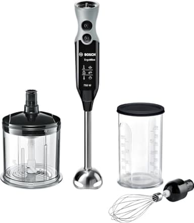 Bosch Mixeur Plongeant ErgoMixx MSM67160 – Mélangeur ultra puissant pour les usages intenses – Puissance de 750 W – Mini-hachoir et fouet inclus – Couleur : Noir/Gris