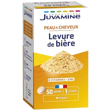 JUVAMINE Levure de Bière, Beauté de la peau, des cheveux et des ongles, Vitalité, Vitamines B1, B2, B3, B5, B6, B8, B9 et B12 + Zinc, Programme de 50 jours, Fabriqué en France