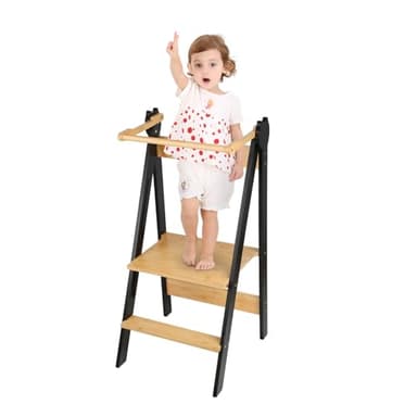 Tour d Observation Enfant, Tour Montessorienne d'apprentissage Pliable Multi-usages Tour d'apprentissage en Bois Naturel de Bouleau, Pliable, Sécurité-88 * 45 * 45 cm-café noir