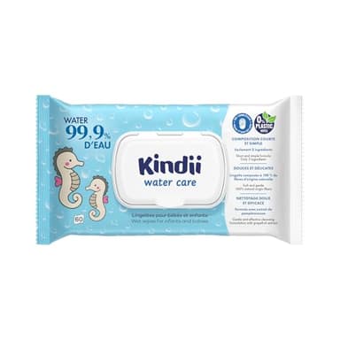 Kindii Water Care – Lingettes Humides Bébé, 60 unités, 100% Viscose, 99,9% Eau, Extrait de Pamplemousse, 150 × 200 mm, Pour Nouveau-Nés, non parfumées – Peaux Sensibles