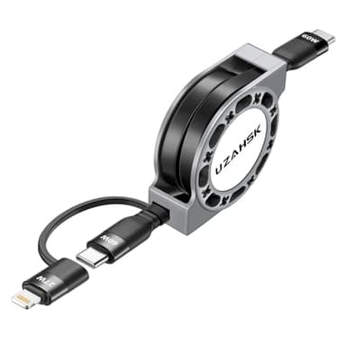 Câble USB vers USB C et Lightning 2 en 1,Chargeur de téléphone rétractable 60 W [certifié MFi] Câble USB C rétractable pour iPhone/Samsung/Android,Câble de charge rapide avec port USB C. (Noire)