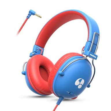 awatrue Casque Audio Enfant, Casque Filaire Enfant, Limite de Volume 74/85dB, Son Stéréo, Son Haute Définition, Fiche Jack 3,5 mm pour IPad/Tablette/PC/Voyage (Bleu Rouge)