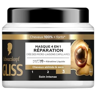 GLISS - Schwarzkopf - Masque 4en1 - Réparation - Kératine Liquide - Haptiq System - Crée des Micro-Liaisons Capillaires - Cheveux Abîmés et Secs - Soin Intense - Nourrit & Repare - 400ml
