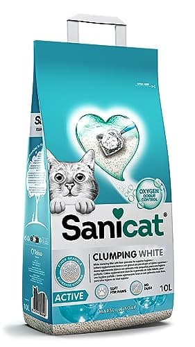 Sanicat - Litière pour Chats Ultra-agglomérante Blanche - Parfum de Savon de Marseille, Fabriquée à partir de minéraux naturels avec contrôle d'odeur Garanti, Capacité de 10 L