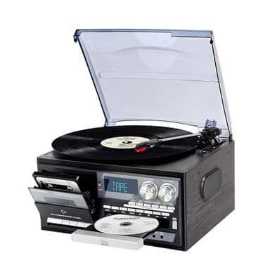 9 en 1 Platine Vinyle avec 3 Vitesses Vinyle Bluetooth, Radio AM/FM, CD/Cassette, USB/SD/MMC et Télécommande