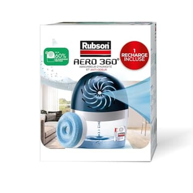 Rubson AERO 360° Absorbeur d'humidité pour pièce de 20 m², déshumidificateur d'air efficace, anti odeur & anti moisissure, inclus 1 recharge neutre 450 g - Packaging renforcé, envoi en toute sécurité