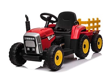 Tracteur électrique Workers avec remorque, Rouge, Traction arrière, Batterie au Lithium, Roues Plastique, siège Large, télécommande 2,4 GHz, Lecteur MP3 avec entrée USB +Bluetooth, lumières LED