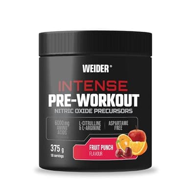 Weider Intense Pre-workout (375g) Goût Fruit Punch. Précurseur de l’Oxyde Nitrique, avec 200 mg de Caféine et 6000 mg d’Acides Aminés/portion, L-Citrulline, L-Arginine, Sans Aspartame (18 portions)